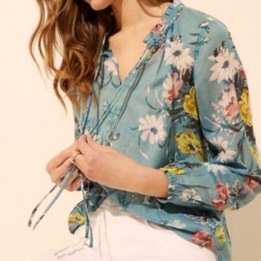 LOFT Blue Green Sage Floral Ruffle Boho Tie V-Neck Blouse Artsy Festival Small